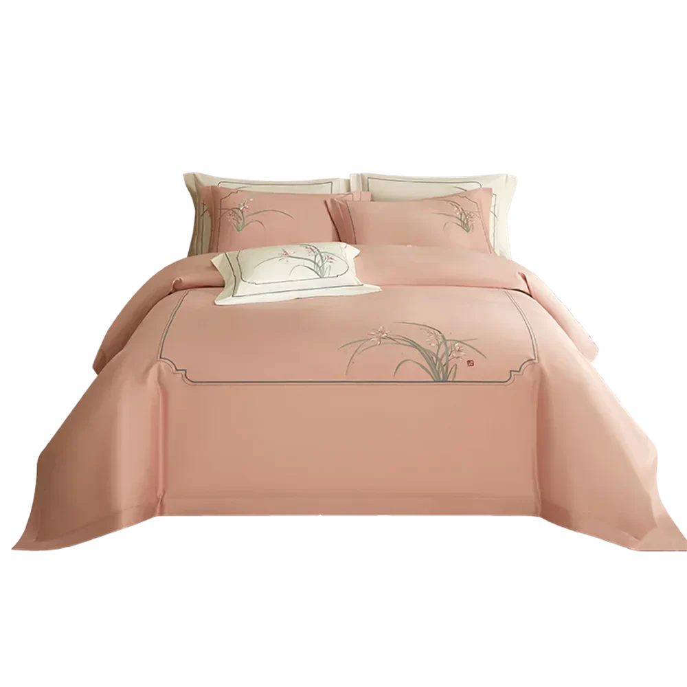 Decobites Pink Satin Jacquard Lotus Duvet Set 4Pcs Queen King Bedlinens