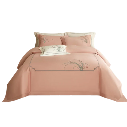 Decobites Pink Satin Jacquard Lotus Duvet Set 4Pcs Queen King Bedlinens