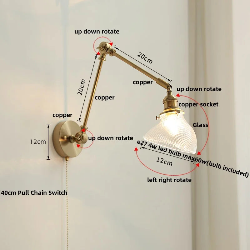 DecorBites™ Brass Swing Arm LED Wall Light Fixture with Rotatable Arms & Pull Chain Switch