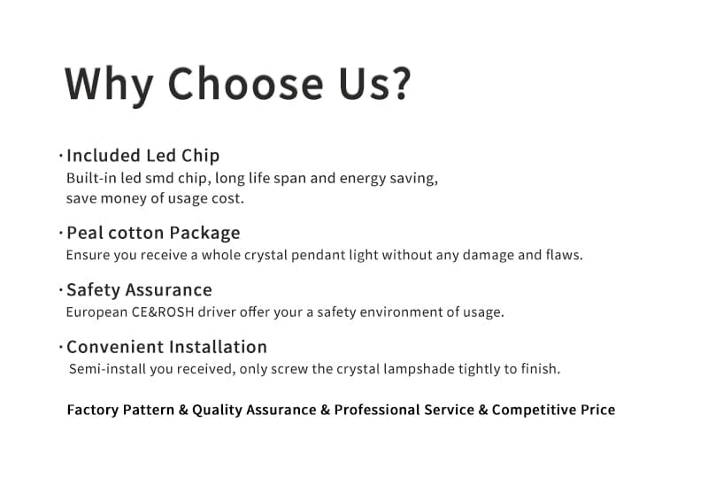 White text on a plain background lists features of a modern luxurious crystal led wall sconce gold curved lamp for bedroom including an included led chip and pearl cotton package.