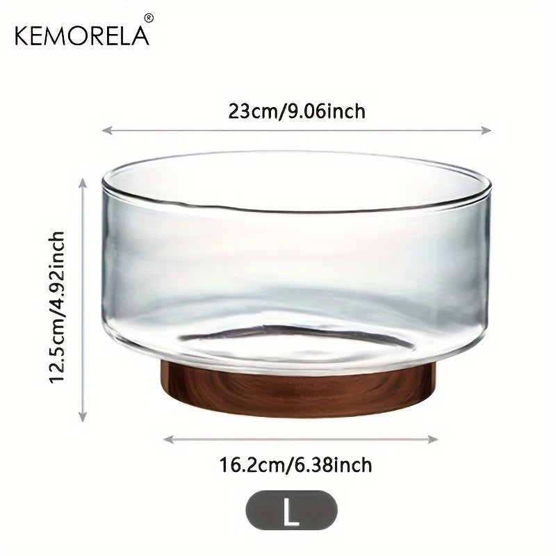 Frutero de vidrio creativo DecorBites™ con base de madera: ensaladera grande para aperitivos, palomitas de maíz, frutos secos y más.