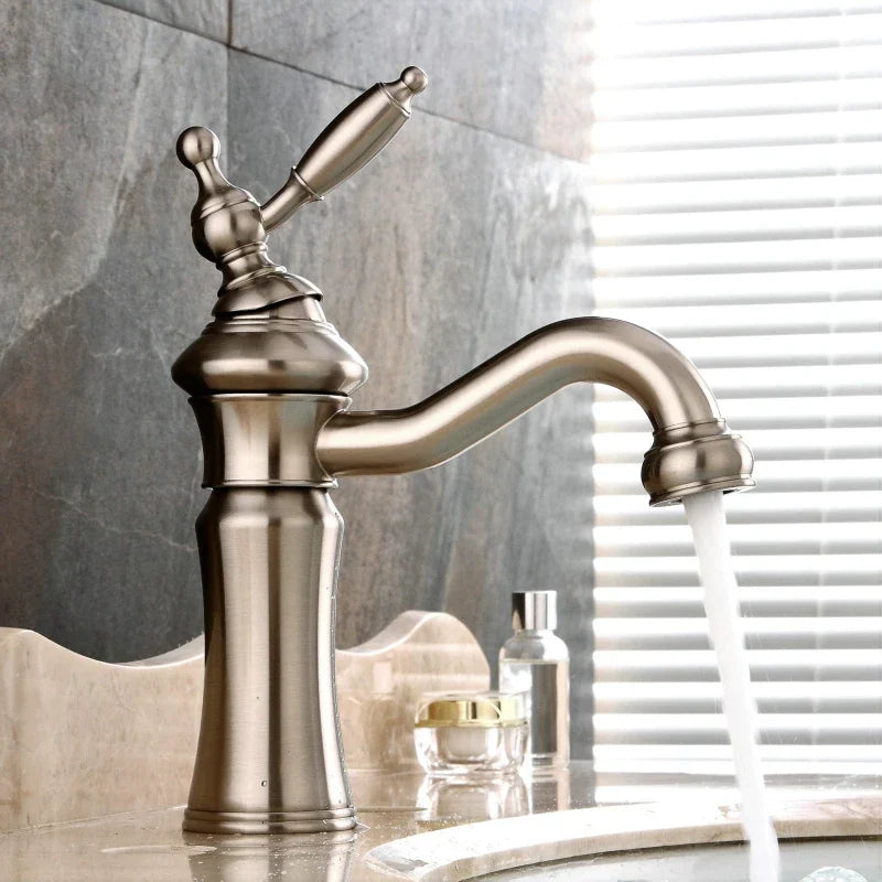 DecorBites™ Brushed Nickel Brass Basin Faucet Swivel Spout Single Handle Hot Cold Mixer