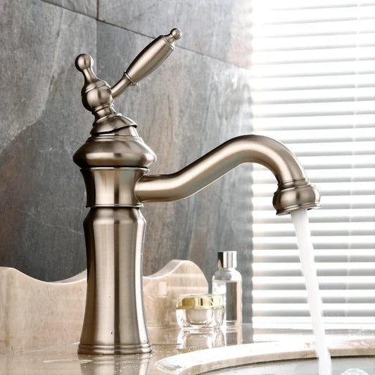 DecorBites™ Brushed Nickel Brass Basin Faucet Swivel Spout Single Handle Hot Cold Mixer