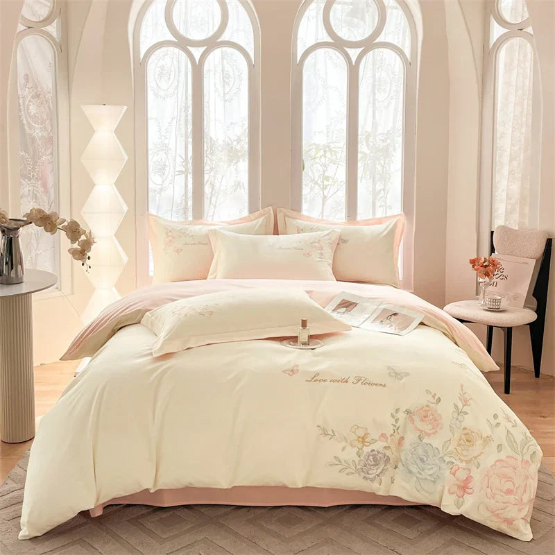 Decobites Floral Butterfly Embroidery Cotton 4Pcs Bedding Set, Beige/Pink Theme