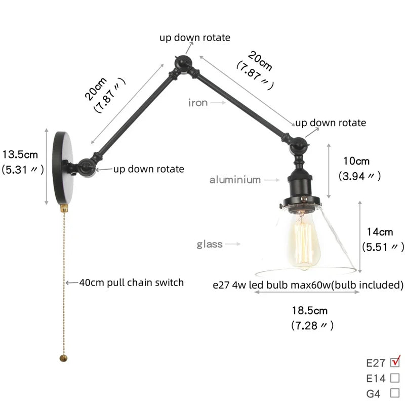 DecorBites™ Clear Glass Swing Arm Wall Light Fixture for Dining Living Room Cafe