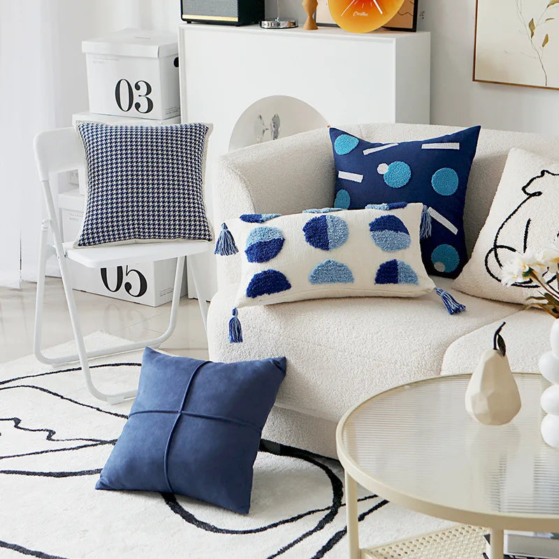 Blue Tufted Embroidered Pillow