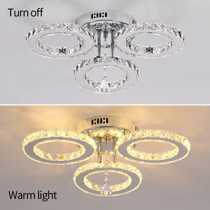 DecorBites™ Crystal Chandelier 3Rings Chrome Pendant Light for Bedroom Living Room