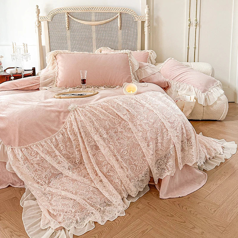 Juego de cama de boda estilo princesa con volantes de encaje francés DecorBites™, incluye funda nórdica de terciopelo polar