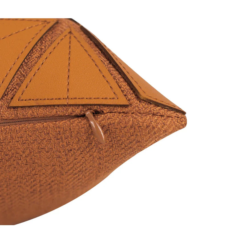 DecorBites™ Dark Orange Geometric Petals Leather Patched Lumbar Pillow Cover Luxury Case
