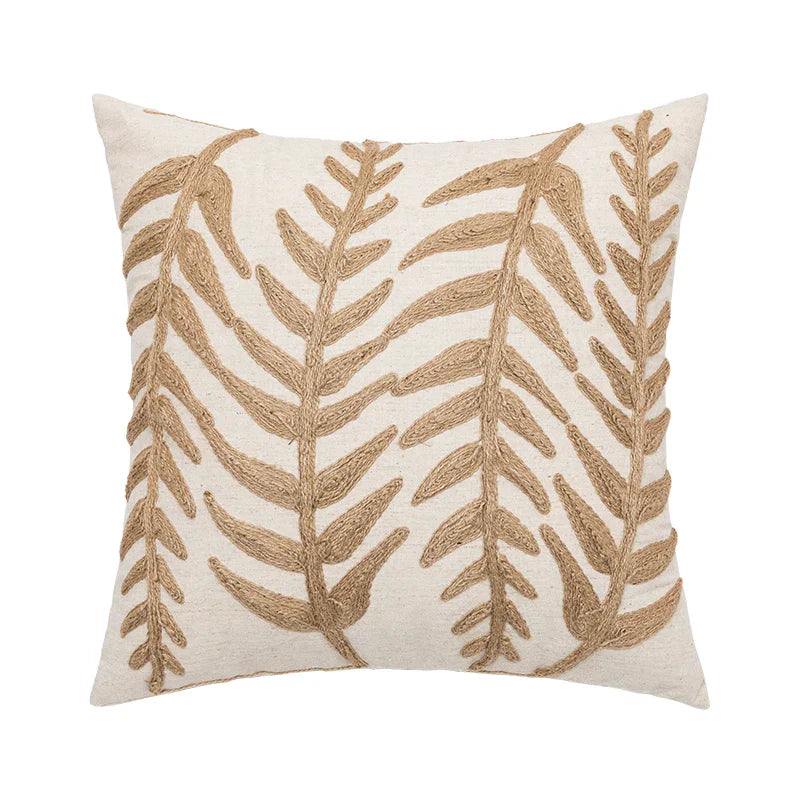 DecorBites™ Linen Embroidery Leaves Cushion Cover 45x45cm Beige Green Aesthetic Throw Pillow