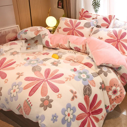 Decobites Flower Print Thicken Winter Warm Bedding Set with Sheet Pillowcases