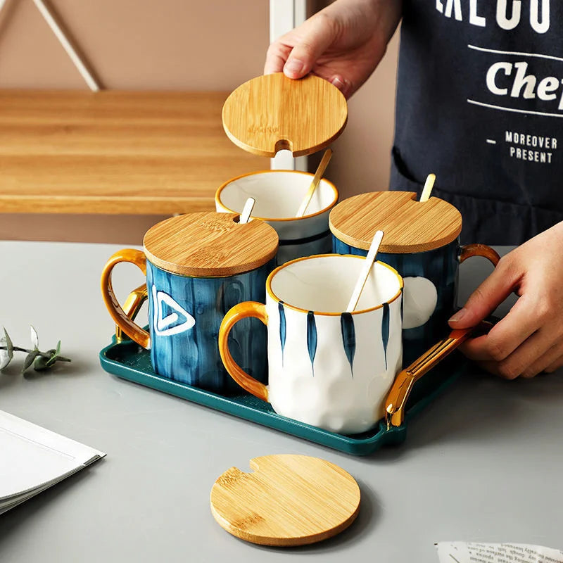 Porcelain Japanese Mug Set With Spoon And Lid