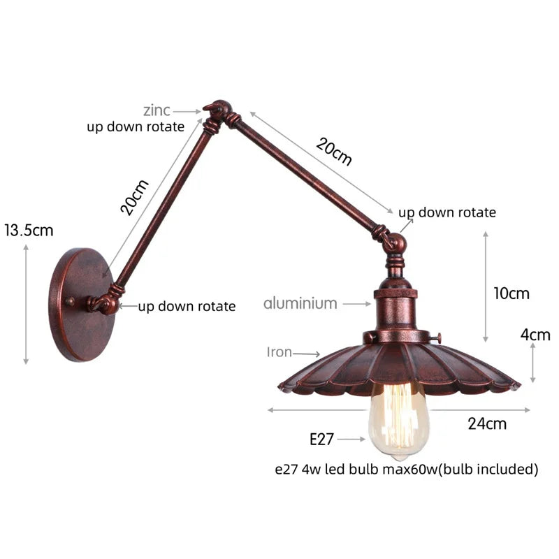 DecorBites™ Gold Industrial LED Wall Lamp with Pull Chain Switch for Home Decor