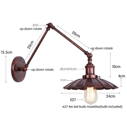 DecorBites™ Gold Industrial LED Wall Lamp with Pull Chain Switch for Home Decor