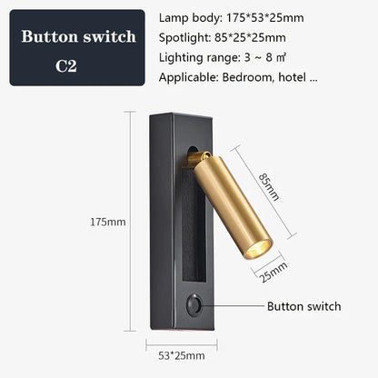 DecorBites™ Black Brass Wall Sconce with USB Port and Switch, 3W Spotlight for Bedroom