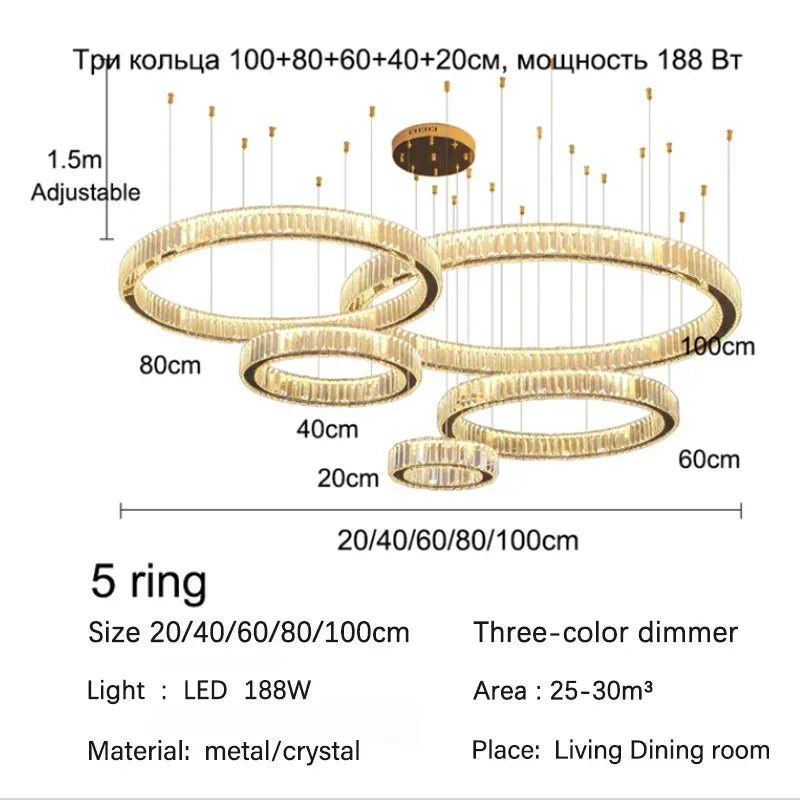 DecorBites™ Golden Crystal Chandelier: Nordic Modern Luxury LED Hanging Halo for Living Room