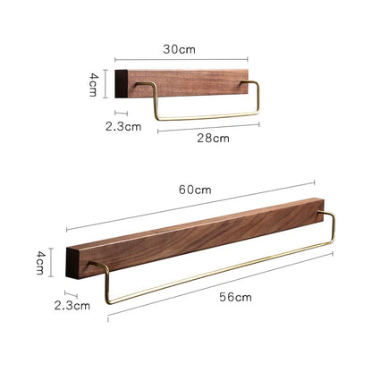 DecorBites™ Black Walnut Wood Towel Rack with Brass Accents