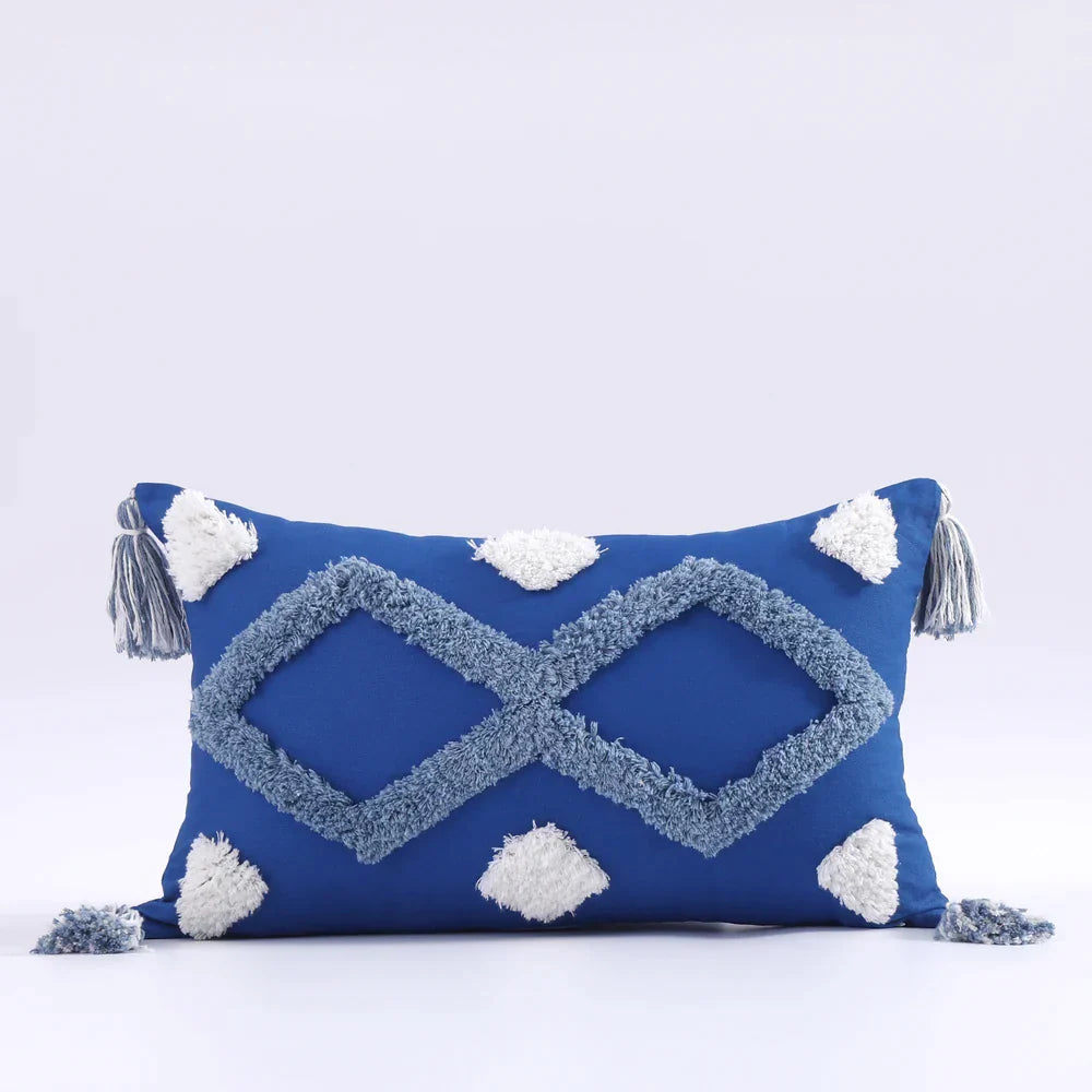 Funda de cojín DecorBites™ Boho con borlas y mechones, 45x45cm - Funda de cojín decorativa de algodón azul y rosa