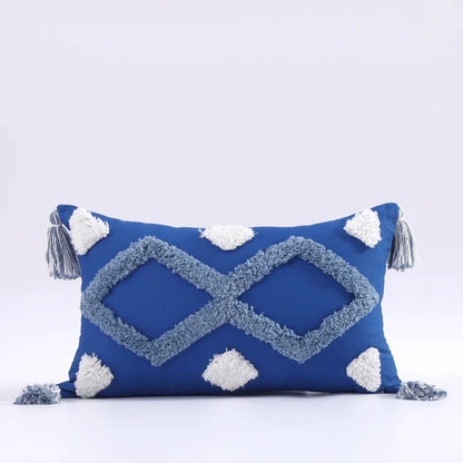 Funda de cojín DecorBites™ Boho con borlas y mechones, 45x45cm - Funda de cojín decorativa de algodón azul y rosa