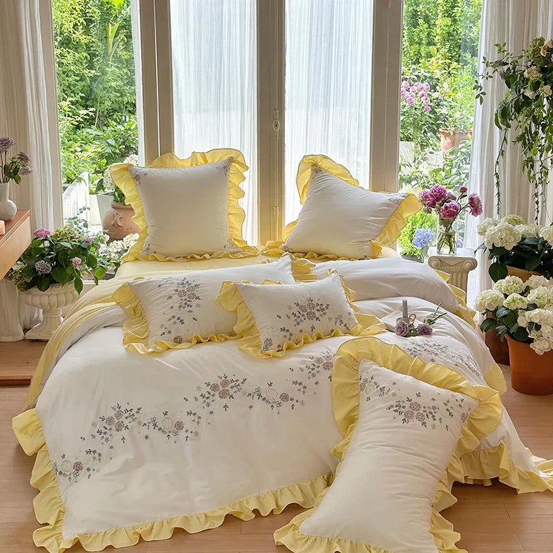 Decobites Korean Princess Lace Ruffles Flowers Embroidery Bedding Set with 100% Cotton Quality.