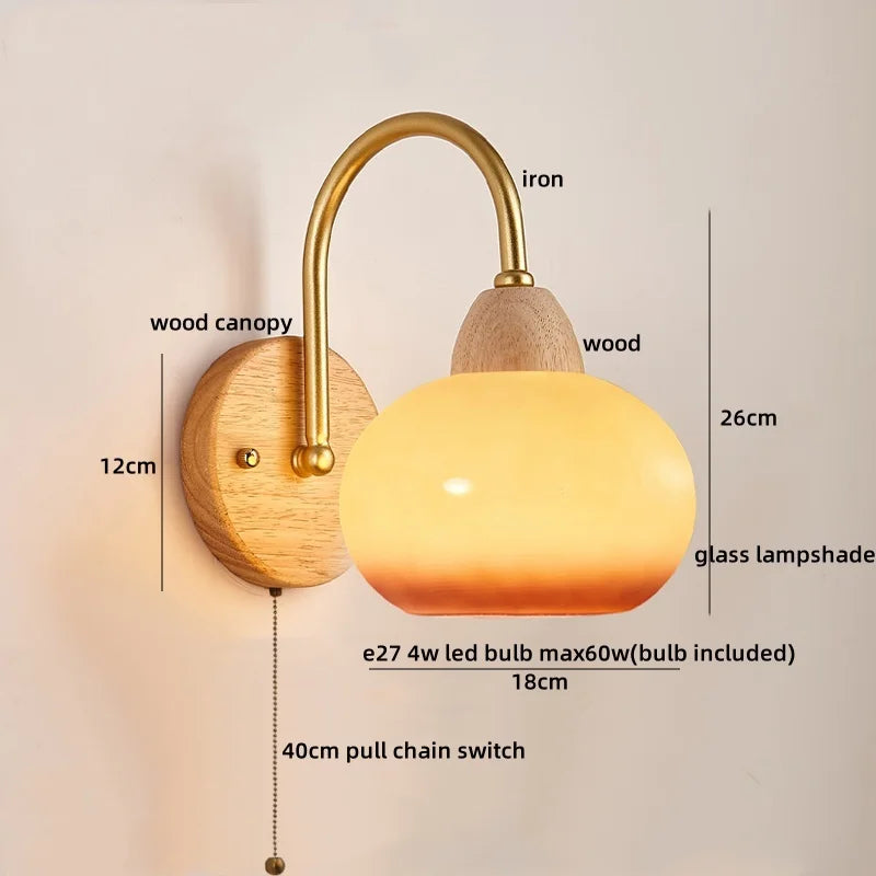 DecorBites™ LED Glass Iron Wood Wall Light Fixture Modern Nordic Bedside Lamp