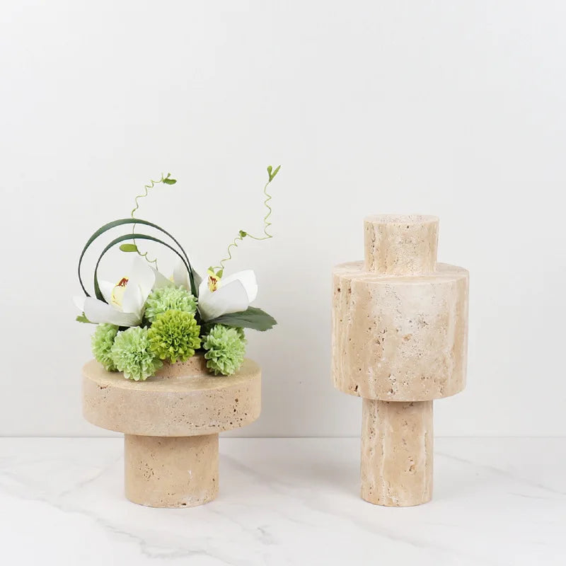 DecorBites™ Beige Travertine Stone Vase for Living Room Hotel Dining Table