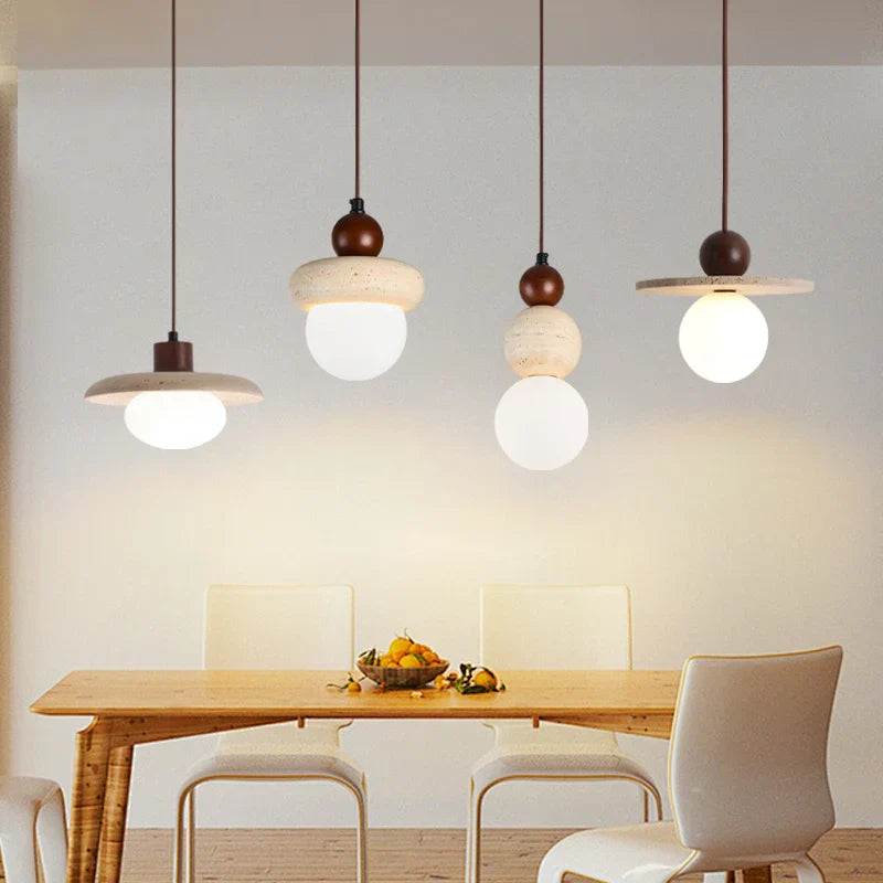 DecorBites™ LED Pendant Lamp with Wood Canopy & White Glass Chandelier - Yellow Travertine Kitchen Bedroom Lighting