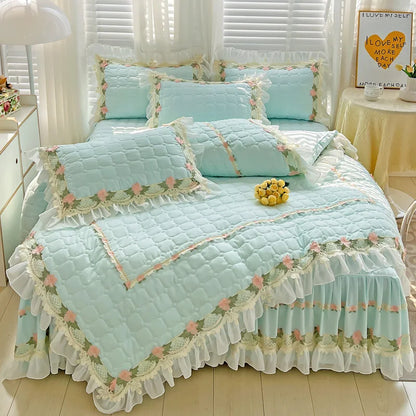 Decobites Korean Princess Bedding Set: Flowers, Lace, Ruffles, Embroidery, Quilted, Duvet Cover, Bedspread