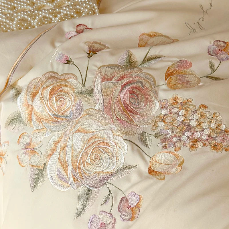 Decobites Rose Flowers Embroidery Cotton Bedding Set - Single Queen King Size