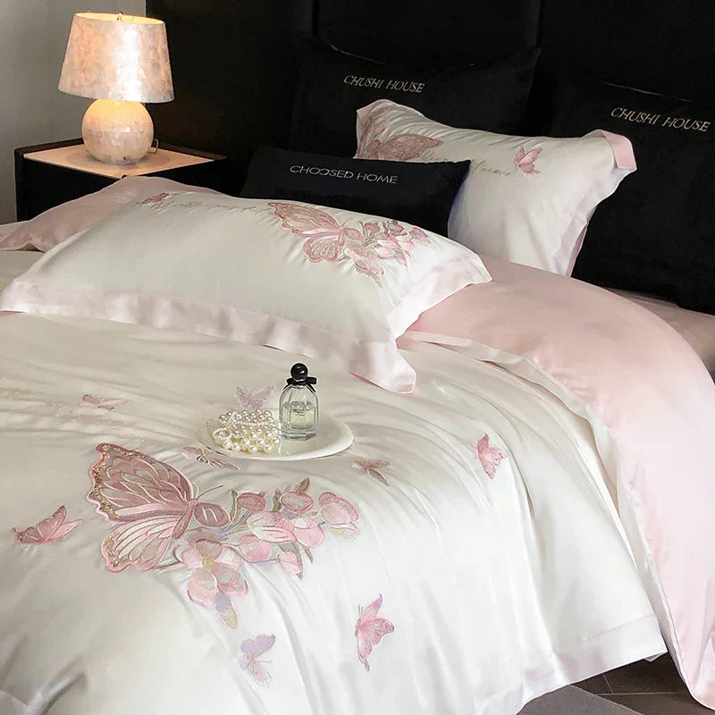 Decobites Pink Butterfly Flowers 1000TC Egyptian Cotton Bedding Set - 4Pcs