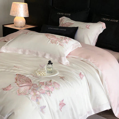 Decobites Pink Butterfly Flowers 1000TC Egyptian Cotton Bedding Set - 4Pcs