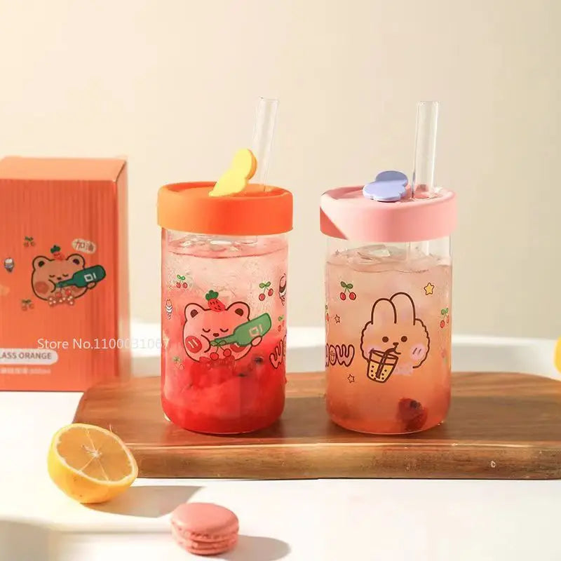 DecorBites™ Cartoon Glass Cup with Lid & Straw - 600ml Drinkware