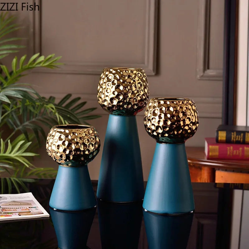 Jarrón de cerámica con patrón de martillo dorado Decorbites™: Maceta creativa para decoración de mesa y arreglo floral