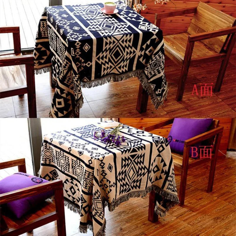 DecorBites™ Knitted Cotton Throw Blanket with Tassel - Geometric Bohemian Design