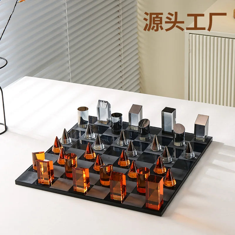 DecorBites™ Crystal Glass Chess Set Geometric Design Home Decor Figurines.