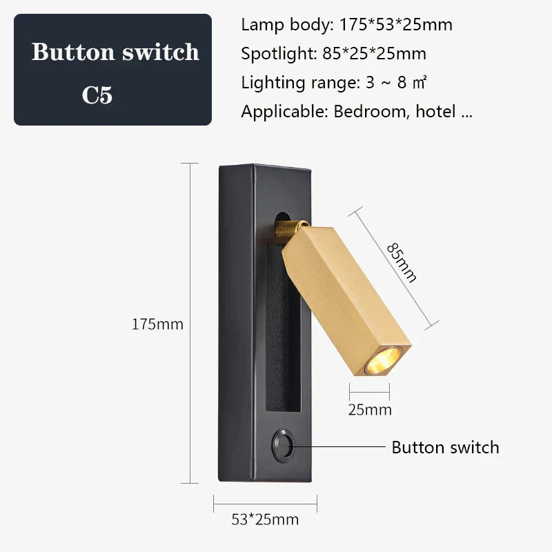DecorBites™ Black Brass Wall Sconce with USB Port and Switch, 3W Spotlight for Bedroom