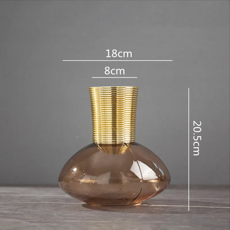 DecorBites™ Gold Metal Glass Vase: Round Transparent Terrarium for Home Decor & Flower Arrangement