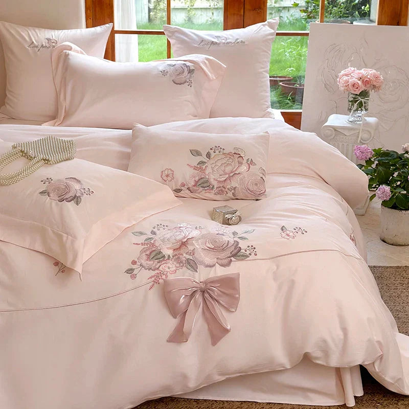 Decobites Flowers Embroidery Bow Wedding Bedding Set - Single Queen King Size Cotton Duvet Cover Bed Sheet Pillowcases