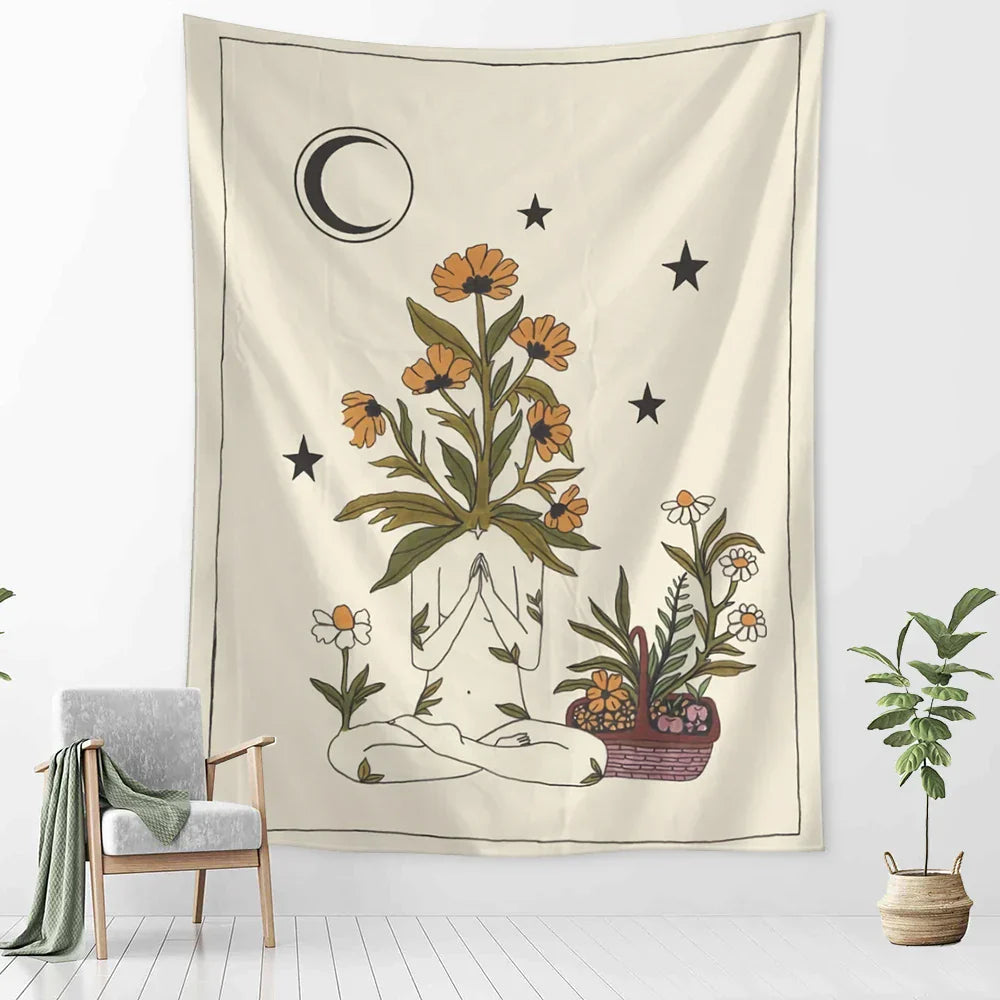Tapiz de pared DecorBites™ con diseño de tarot y astrología de chica botánica para decoración boho wicca