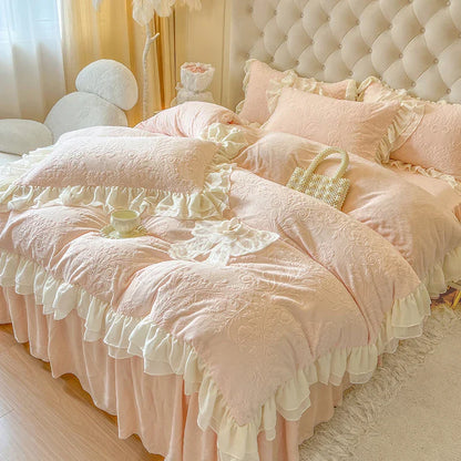 Decobites Pink Velvet Princess Bedding Set with Lace Ruffles and Bow Accents