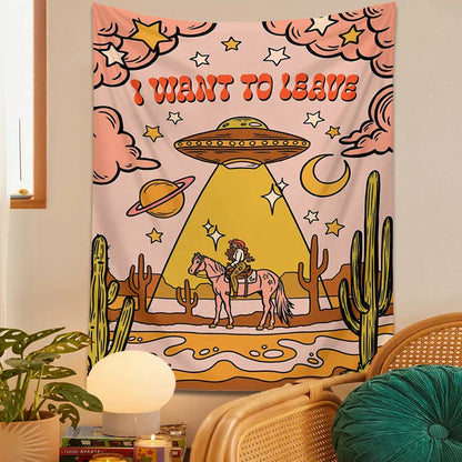 Decobites Space Planet Cactus Moon Wall Tapestry - Boho Hippie Room Decor