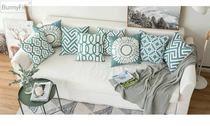 DecorBites™ Embroidered Blue Cotton Canvas Cushion Cover for Home Decor