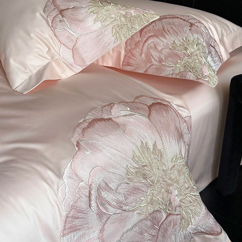 Decobites Luxury Pink Blue Champagne Flowers Embroidery Bedding Set 1000TC Egyptian Cotton