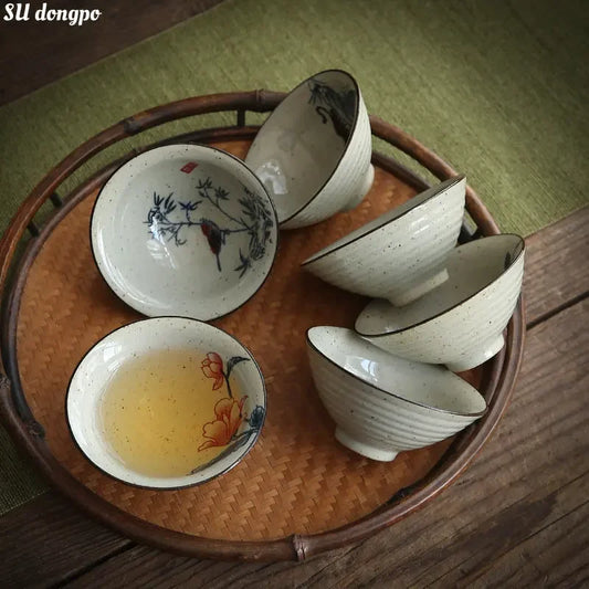 Retro Chinese Bamboo Hat Cup Antique Ceramic Underglaze Colored Tea Bowl Kungfu Tea Set Tea Ceremony Accessories