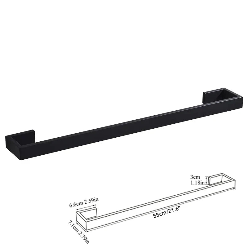 مجموعة أدوات الحمام السوداء من DecorBites™: خطاف رداء، قضيب مناشف، رف، حامل مناديل، منظم فرشاة أسنان