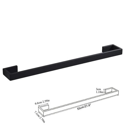 مجموعة أدوات الحمام السوداء من DecorBites™: خطاف رداء، قضيب مناشف، رف، حامل مناديل، منظم فرشاة أسنان