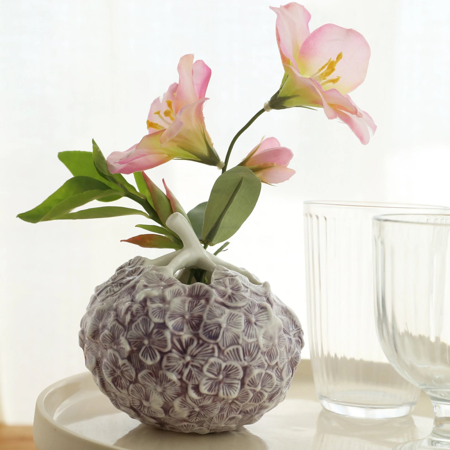 DecorBites™ Hydrangea Ceramic Vase | Hand-Relief Sculpture Flower Ball Arrangement Accessory