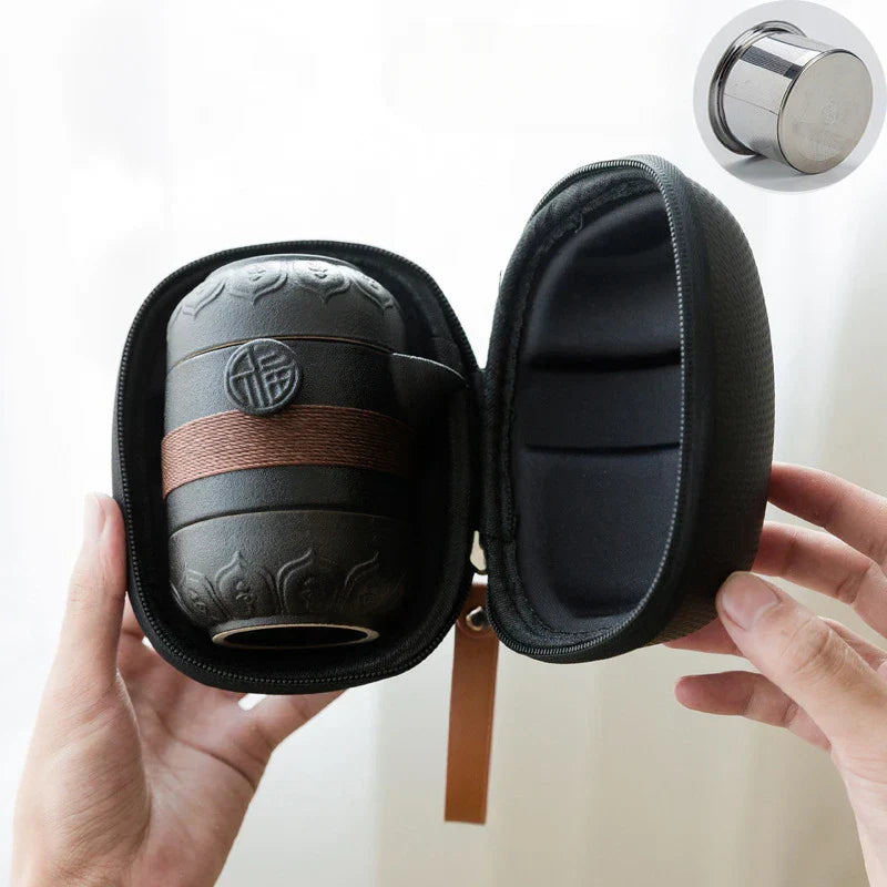 DecorBites™ Black Pottery Tea Set: Pot & 2 Cups in Portable Bag