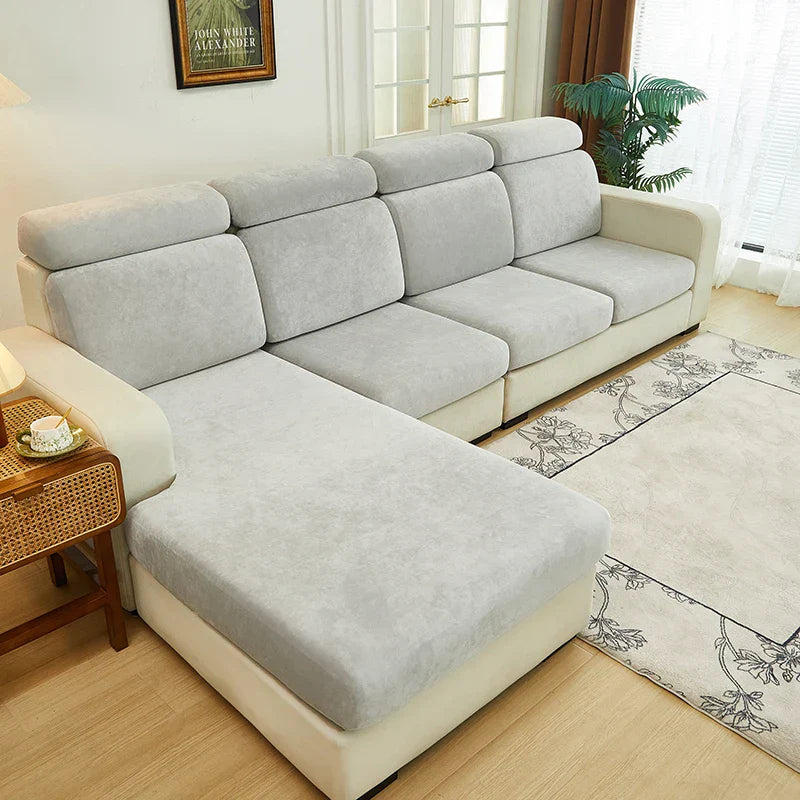 Decobites Velvet Sofa Cover: Single Loveseat L-shaped Protector in Polar Fleece Stretch Fabric.