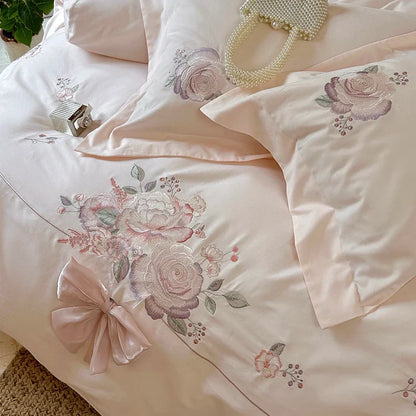 Decobites Flowers Embroidery Bow Wedding Bedding Set - Single Queen King Size Cotton Duvet Cover Bed Sheet Pillowcases